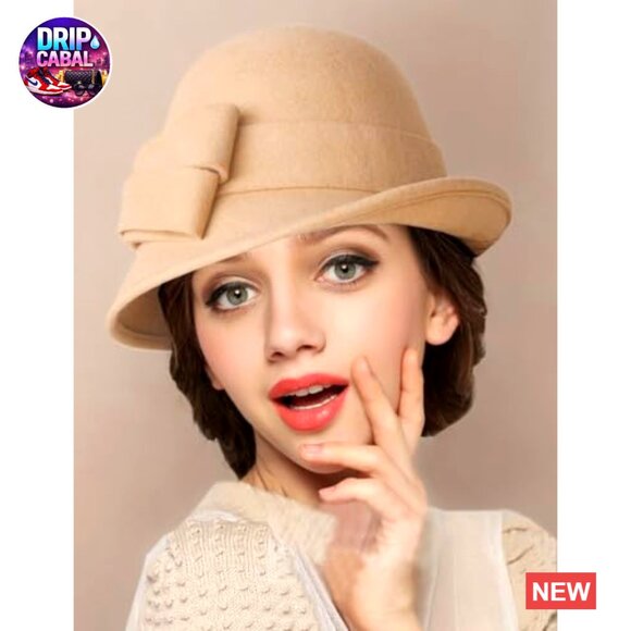 100% Wool Cloche Bucket Hat with Bow Accent, Drawstring for Custom Fit
